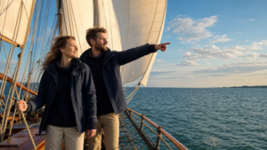 Zwei Anfänger stehen an Bord eines traditionellen Schoners auf der Ostsee und blicken auf das Meer – erster Segeltörn
